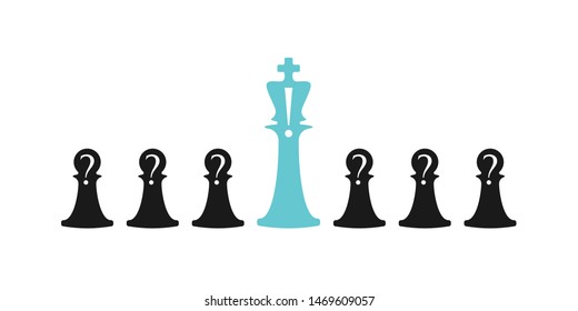 Business conceptual illustration with chess symbols. Pawns with question marks and bishop with answer.