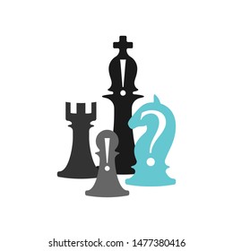 Business conceptual illustration with chess symbols. Horse with question mark and bishop and pawn with exclamation marks.