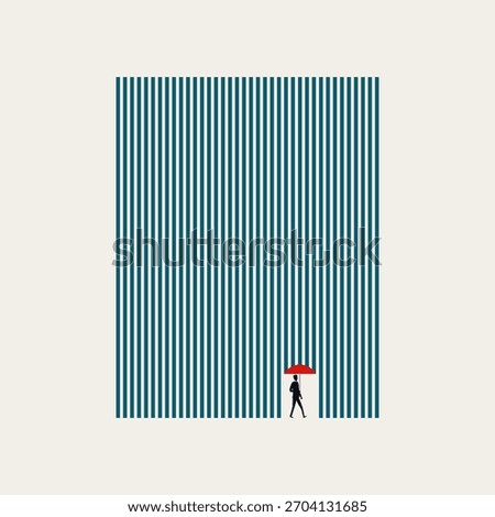 Business conceptual vector illustration of security, safety and risk management. A businessman walks with a red umbrella protecting him from falling rain or data.