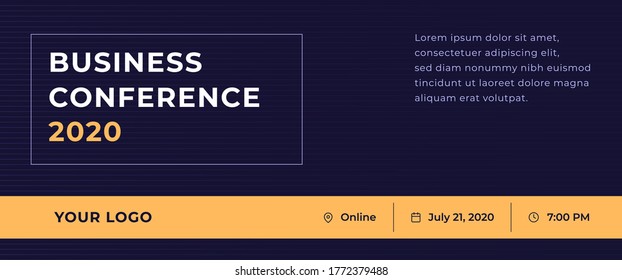 Business Conference 2020 With Logo And Contact Data On Purple Line Background. Vector Template For Webinar, Conference, E-mail, Flyer, Meetup, Party, Event, Web Header