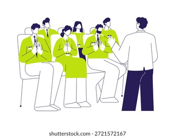Ilustração vetorial do conceito abstrato da conferência de negócios. Grupo de colegas diversos em um evento de conferência de negócios, público aplaudindo, estilo de vida no escritório, metáfora abstrata dos trabalhadores da empresa.