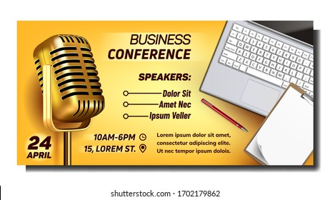 Business Conference Advertising Banner Vector. Vintage Golden Microphone And Laptop, Paper List And Pen, Speakers Names, Address, Conference Date And Time. Concept Template Realistic 3d Illustration