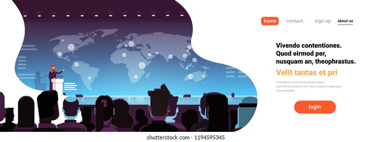 Business conference arab businessman politician talking from tribune over world map arabian speaker international meeting horizontal banner flat copy space vector illustration