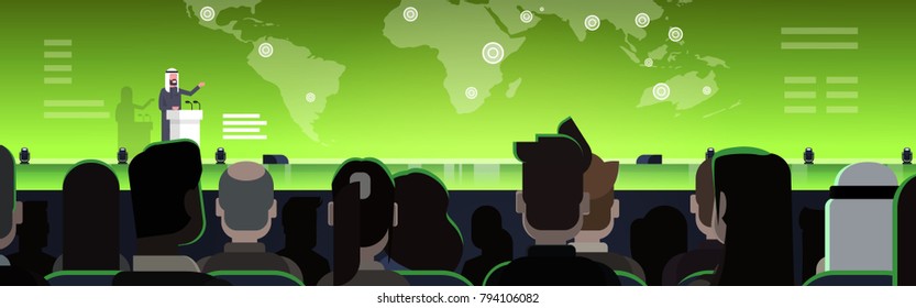 Business Conference With Arab Businessman Or Politician Talking From Tribune Over World Map Arabian Speaker On International Meeting Horizontal Banner Flat Vector Illustration