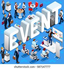 Business Conference Background Event Group Isometric Business People. 3D Meeting Infographic Crowd Stand Casual People Icon Set. Conference Meeting Background Collection Background Vector Illustration