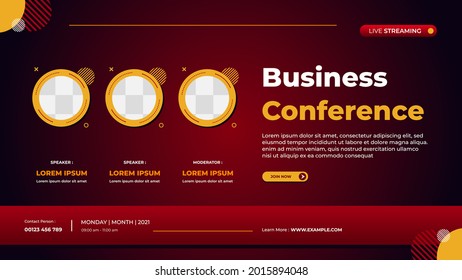 Business conference banner template for website with three circle frame and red gradient geometric background