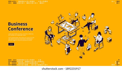 Business conference banner. Training, seminar and meeting for professional learning and communication. Vector landing page of team education in company with isometric people and speaker in office