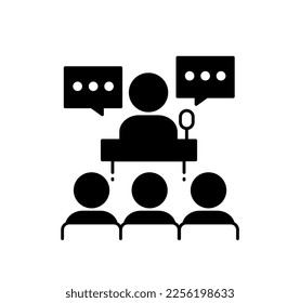 Business conference black icon. Man behind microphone sucks in front of audience. Lecture and master class, public speaking and speaker. Graphic element for website. Cartoon flat vector illustration