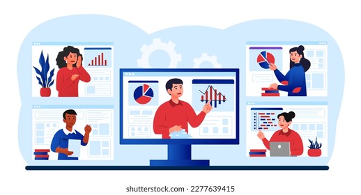 Business conference concept. Man and woman against background of graphs participate in video conference or call. Remote employees, board of directors at workshop. Cartoon flat vector illustration