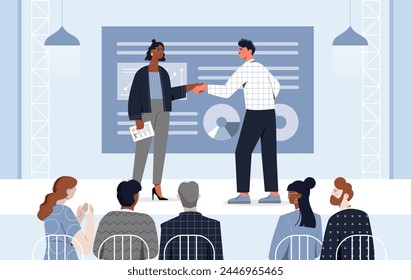 Business conference concept. Man and woman st stage near graphs and diagrams. Brainstorming and presentation, infographics. Analysts conduct marketing reserach. Cartoon flat vector illustration