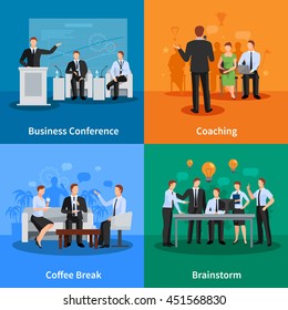 Business Conference Concept. Business Meeting Vector Illustration. Conference Flat Icons Set. Conference Design Set. Conference Isolated Elements.