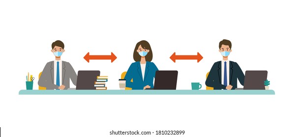 Business conference concept. Vector illustration of business people have a social distancing. Flat design vector illustration of working people.