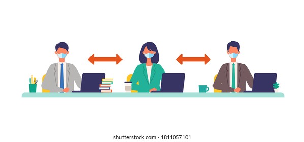 Business conference concept. Vector illustration of business people social distancing. Flat design vector illustration of working people.