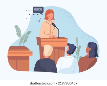 Business conference concept. Young girl with microphone leads lecture. Teacher at university or school. Presentation and public speaking. Woman in front of crowd. Cartoon flat vector illustration