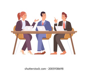 Business conference. Effective and productive teamwork. Boss and employees working at computers and talking. Vector illustration