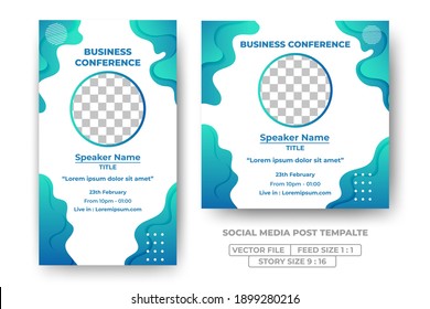 Business conference event webinar banner design with abstract waves decoration. Usable for social media feed, story, and banner. Flat design vector with a photo collage