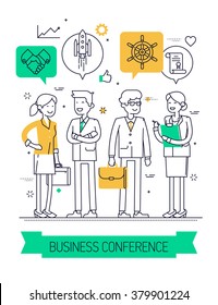 Business conference flat line concept background. Ideal for posters, website banners and flyers. Linear concept design on business forum, congress, discussion, conference or meeting