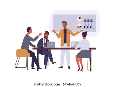 Business conference flat vector illustration. Boss and employees discussing project isolated cartoon characters on white background. Manager presenting company financial report. Brainstorming team.