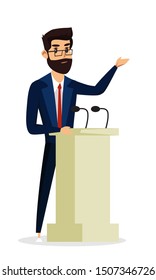 Business conference flat vector illustration. Speaker on stage cartoon character. Scientific presentation, academic symposium, professional briefing. University lecture, college faculty