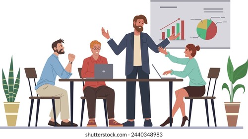 Geschäftskonferenz Flat Vector Illustration Chef und Mitarbeiter diskutieren Projekt