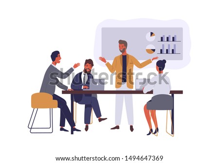 Business conference flat vector illustration. Boss and employees discussing project isolated cartoon characters on white background. Manager presenting company financial report. Brainstorming team.