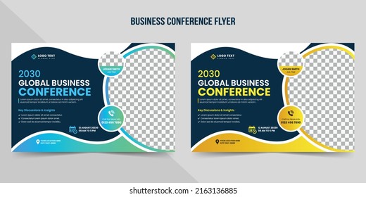 Business Conference Flyer And Invitation Banner Template Design. Annual Corporate Business Workshop, Meeting And Training Promotion Poster. Marketing Horizontal Brochure Layout