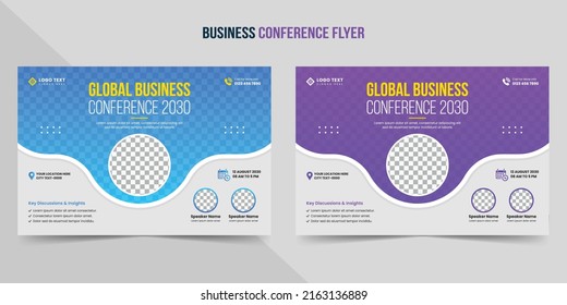 Business Conference Flyer And Invitation Banner Template Design. Annual Corporate Business Workshop, Meeting And Training Promotion Poster. Online Digital Marketing Horizontal Brochure Layout