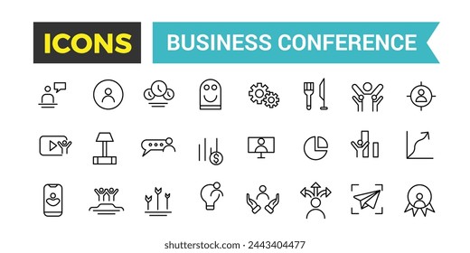 Business Conference Icon Set, Meeting Web Icon Set In Line Style, Conference, Brainstorm, Seminar, Interview, Collection, Vector Illustration