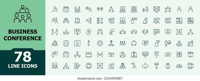 Business Conference Icons Pack. Besprechungssymbol im Linienstil. Webinar-Symbole Verwandt mit Teamwork, Interview, Online-Meeting, Diskussion und mehr.