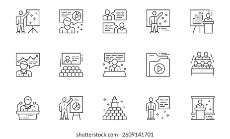 Business conference icons set in outline stroke design for web. Pack line pictograms with speaker, businessman, presentation, discussion, team meeting, audience, training, other. Vector illustration.