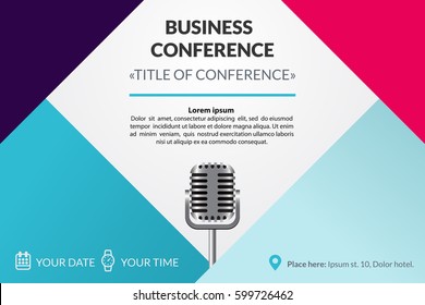 Business conference invitation concept. Colorful simple geometric background. Retro microphone. Template for banner, poster, flyer, magazine page. Vector eps 10.