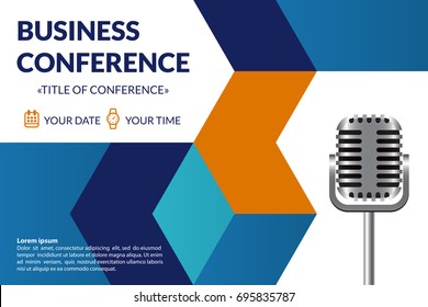 Business conference invitation concept. Colorful simple geometric background. Retro microphone. Template for banner, poster, flyer, magazine page. Vector eps 10.