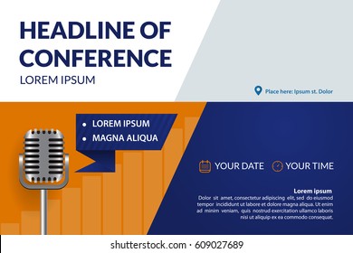 Business conference invitation concept with retro microphone. Colorful simple geometric background. Template for banner, poster, flyer, magazine page. Vector eps 10.