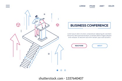 Business conference - line design style isometric web banner on white background with copy space for text. A header with a man, manager, politician giving a speech at the lectern, public performance