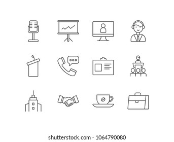 Business conference line icons set with microphone, presentation board, video call, businessman, podium, ID card, speech, building, handshake, coffee break, briefcase.