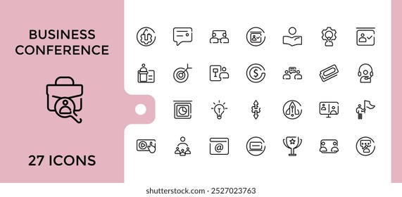 Business conference line icons set, attendee, schedule, workshop, venue, Networking, speaker, presentation and more collection, Editable stroke and pixel perfect.