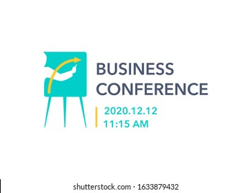 Business Conference Logo Template For Promo Banner Or Advertising Poster - Human Hand Silhouette Draws An Arrow On The Flipchart