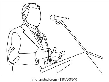 Business conference, business meeting. Man at rostrum in front of audience. Public speaker giving a talk at conference hall- continuous line drawing 