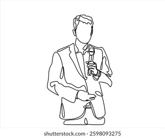 Business conference, business meeting. Man at rostrum in front of audience. Public speaker giving a talk at conference hall- continuous line drawing
