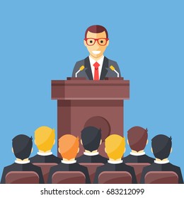 Business conference, business meeting. Man at rostrum in front of audience. Public speaker giving a talk at conference hall. Orator at tribune concepts. Modern flat design vector illustration