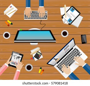 Business Conference or meeting vector concept. Startup company people working together. Top view with computer, smartphone, note paper, laptop. Office equipment.