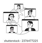 Business conference networking online black and white 2D illustration concept. Virtual meeting colleagues around world isolated cartoon outline characters. Collab metaphor monochrome vector art