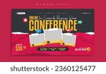 Business conference or online webinar for corporate women social media marketing web banner template or video thumbnail. Annual meeting or seminar promotion flyer with paint brush stroke or torn paper