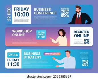 Business conference online workshop strategy masterclass flyer banner design template realistic vector illustration. Corporate career event advertising live education training meeting invitation