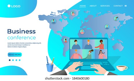 Business conference online.People communicate with each other using the Internet.Online training, remote work, freelancing.Virtual office on the background of the world map.Flat vector illustration