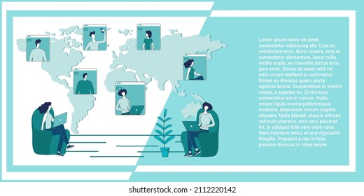 Business conference .People solve business issues and hold a meeting online using an Internet connection.An illustration in the style of a green landing page.