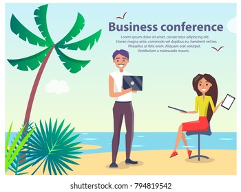 Business conference, poster with working people, man with laptop and woman sitting with papers, beach and seaside isolated on vector illustration