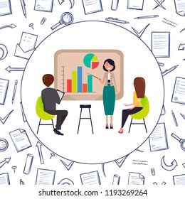 Business conference presentation and pattern of messages and envelopes, marks and magnifying glass vector. Presenter with charts and diagrams on board