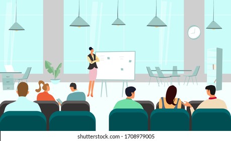 Business conference presentation, people at lecture seminar, team meeting manager, vector illustration. Successful businesswoman speaker, company strategy report consultant. Corporate project audience