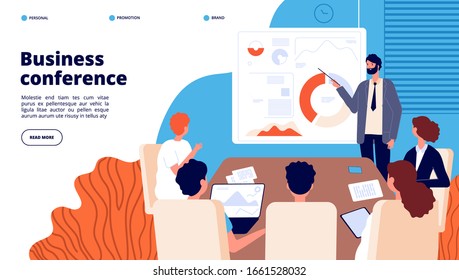 Business conference. Professional discussing, male conference. People working, public speaker or coach. Work meeting vector landing page